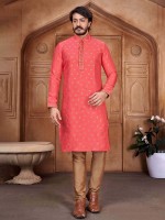 Coral Pink Jacquard Silk Kurta Pajama